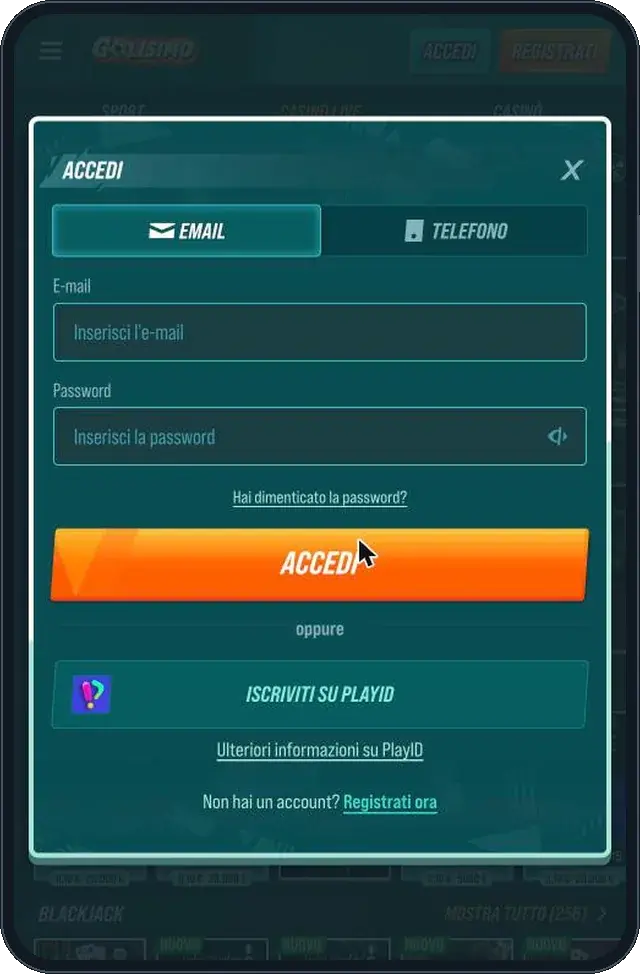 Accesso al conto Golisimo con e-mail, telefono o PlayID