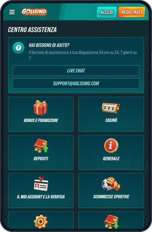 Centro assistenza Golisimo con live chat ed e-mail attive 24 ore su 24