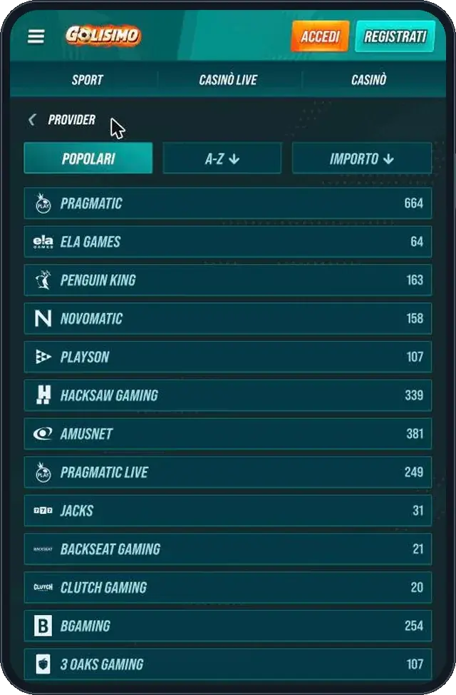 Elenco dei fornitori di giochi di Golisimo con il numero di titoli per studio