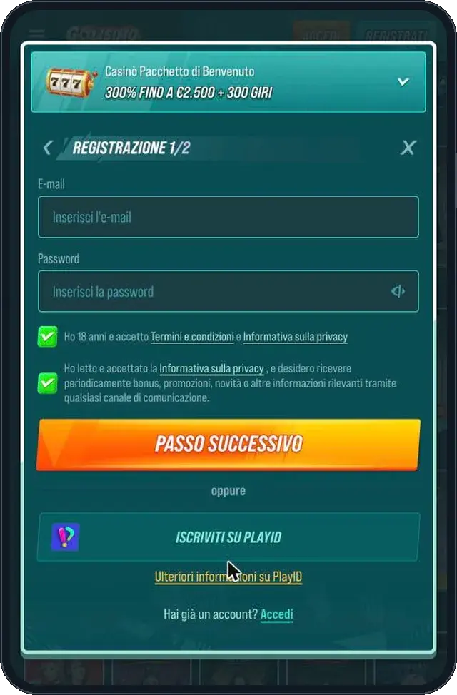 Modulo di registrazione Golisimo con e-mail, password e codice promozionale