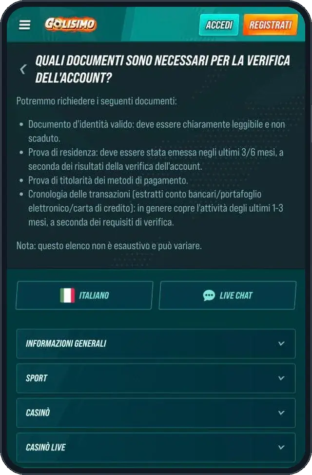 Documenti richiesti per la verifica dell'account Golisimo